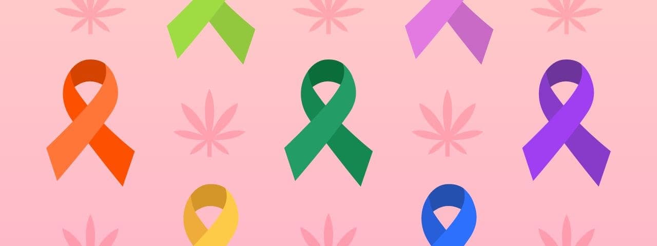 cancer ribbons of various colors and cannabis leaves against a pink backdrop