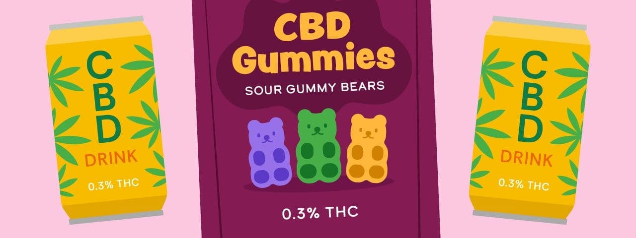 Illustration of CBD product packages with 0.3% THC listed