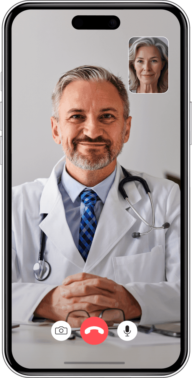 Smartphone mockup of a telehealth call between a male doctor on the main screen and a patient, whose face appears in the upper right corner of the screen