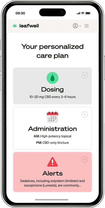 Smartphone screen mockup of the Leafwell user platform showing a personalized care plan screen, including categories for dosing, administration, and medication interaction alerts