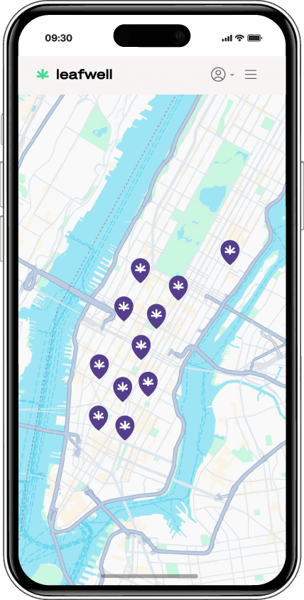 Smartphone illustration showing a map of Manhattan with purple location pins set in different places, representing Leafwell's in-network dispensaries